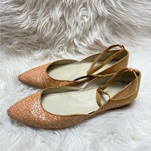 Poppy Barley Pink Gold Leather Flats Women’s Size 8.5 Pointed Toe Strappy Shoes